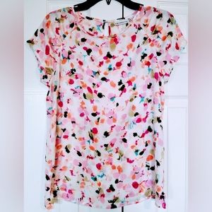 Liz Claiborne pullover blouse cap sleeves polyester pink purple geo print